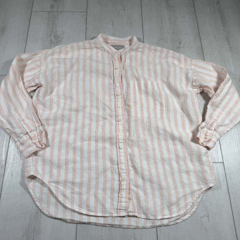 Everlane Women's Size 2 The Linen Oversized Collarless Striped Button Shirt Pink